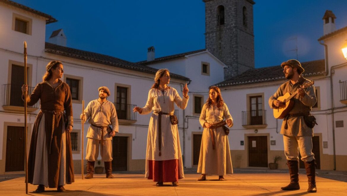 Troupe d’acteurs en costumes médiévaux jouant en plein air sur une place de village andalou, de nuit.