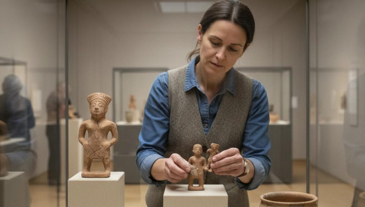 Montaje de una exposición en museo con vitrinas iluminadas y piezas de cerámica antigua.