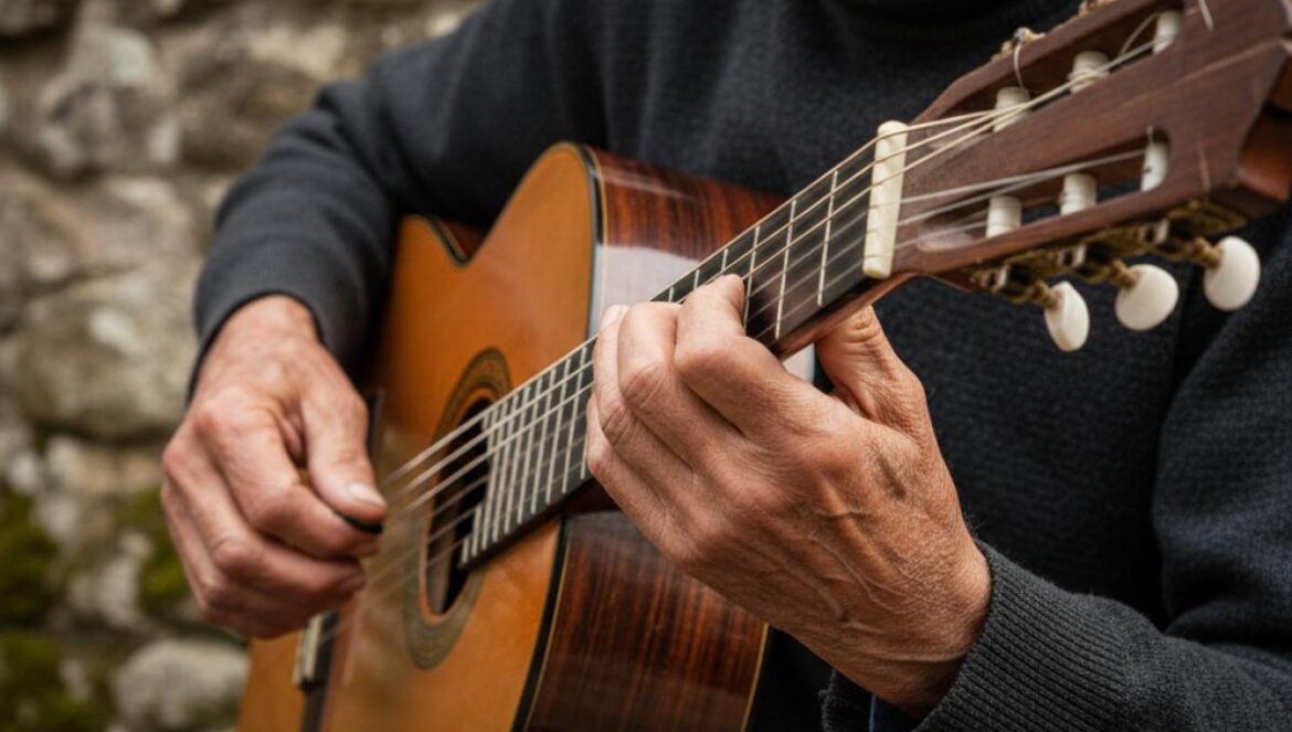 Manos de un guitarrista mayor tocando una guitarra española bajo una luz cálida.