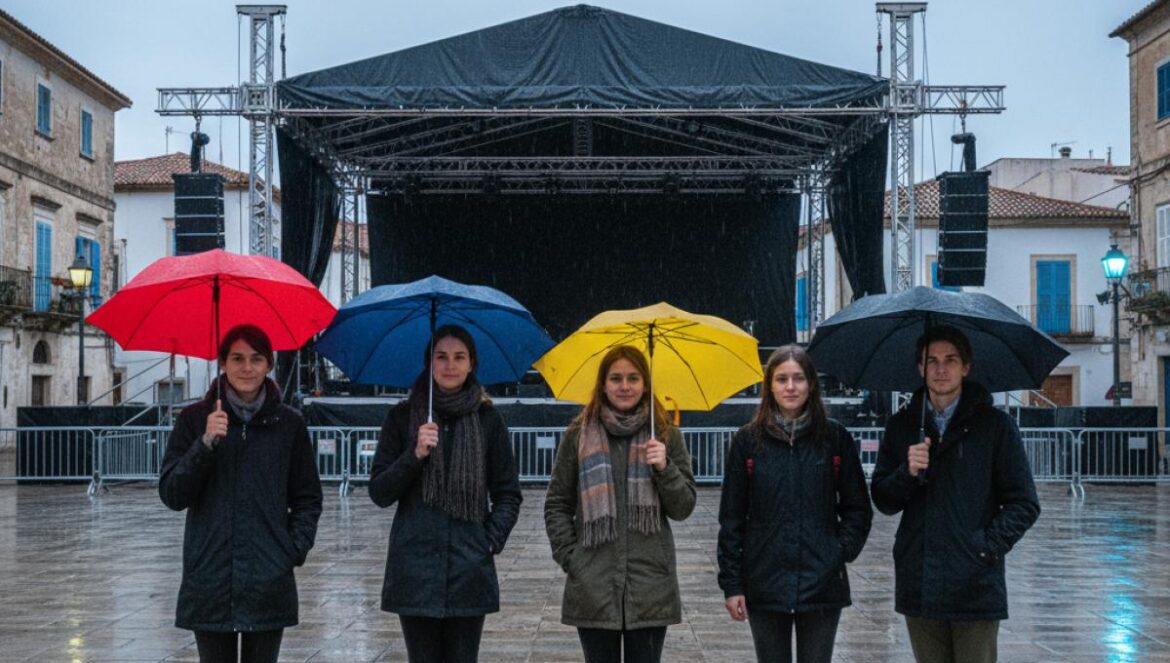Jeunes spectateurs sous la pluie devant une scène de concert fermée sur une place pavée au cœur d’une ville andalouse.
