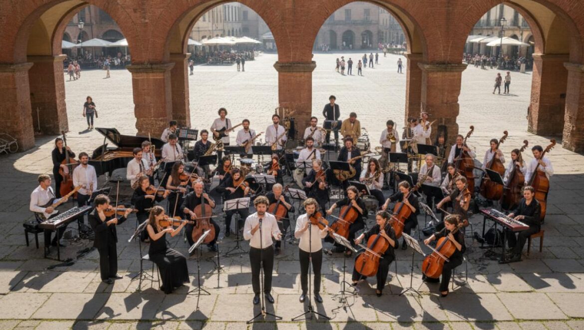 Músicos tocando instrumentos al aire libre en la Plaza de la Corredera bajo el sol.