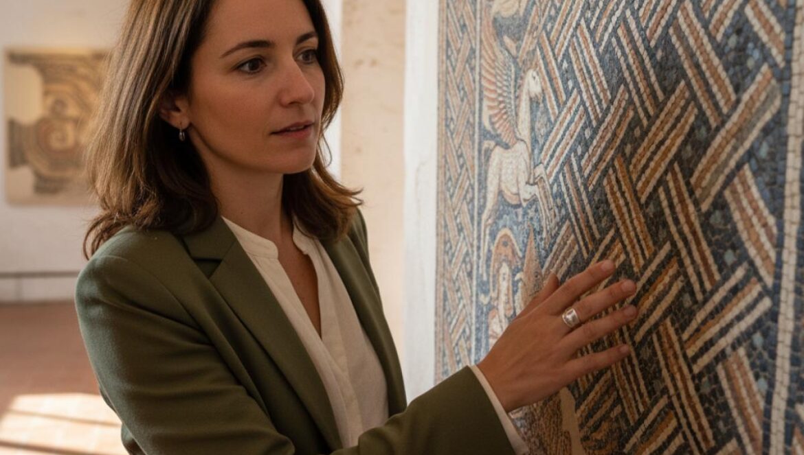 Conservatrice observant un panneau de mosaïque romaine dans une salle baignée de lumière, murs blanchis à la chaux