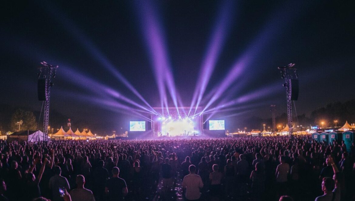 Multitud de personas asistiendo a un concierto nocturno al aire libre con luces de escenario vibrantes en un recinto ferial.