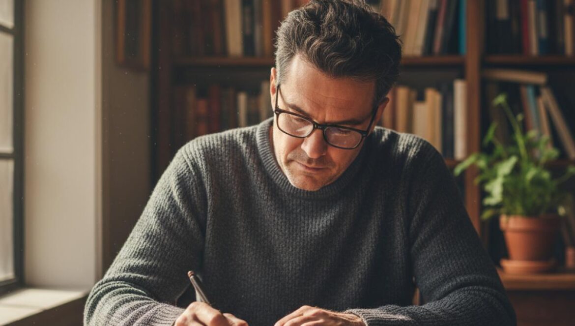 Hombre escribiendo en un cuaderno en un escritorio de madera con luz natural suave y estanterías al fondo