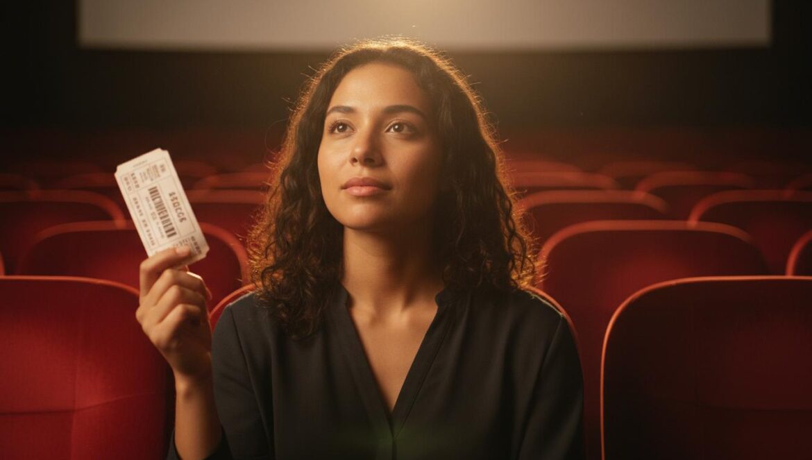 Joven sentada en una butaca de cine, con una entrada en la mano y la luz de la pantalla iluminando su rostro.