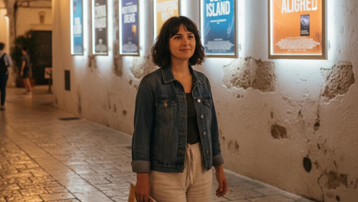 Jeune spectatrice feuilletant le programme d’un festival de cinéma dans une ruelle blanche aux affiches colorées.