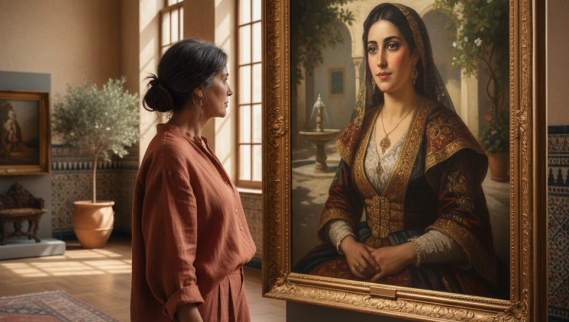 Visiteur dans un musée contemplant un portrait féminin andalou dans une salle à la lumière chaude.