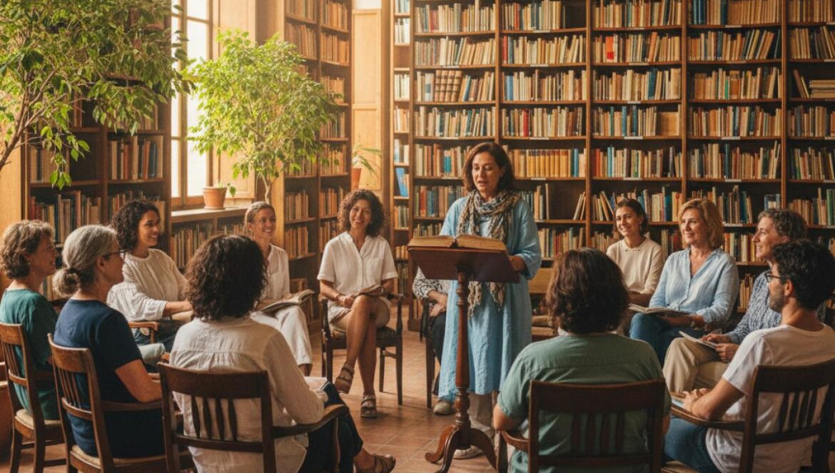 Lecture de poésie dans une petite bibliothèque andalouse, avec un poète lisant devant un public attentif.