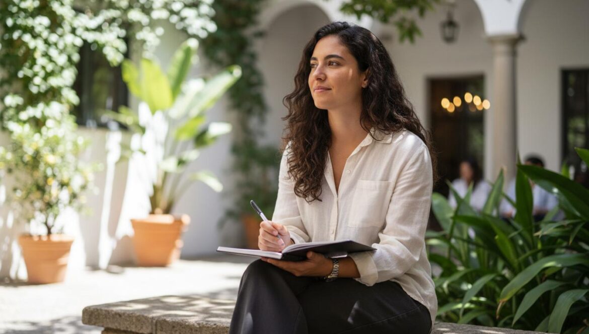 Joven escuchando una charla de cine en un patio blanco con plantas, tomando notas con calma.