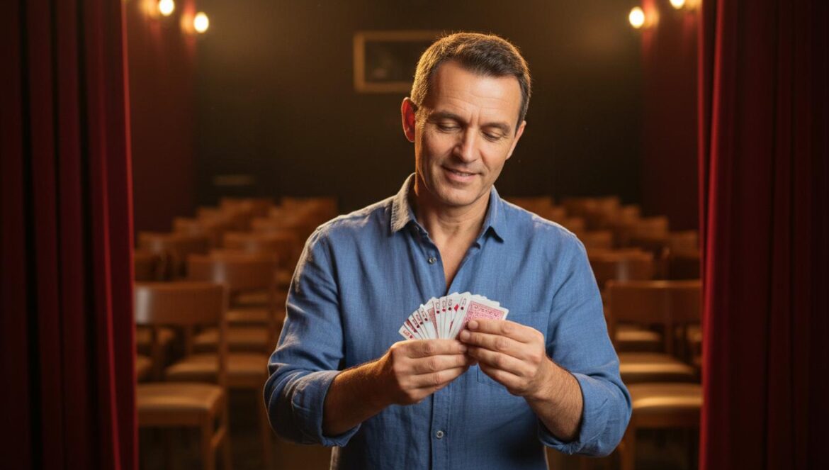 Homme présentant un tour de cartes dans une petite salle de magie intimiste, éclairage chaleureux.