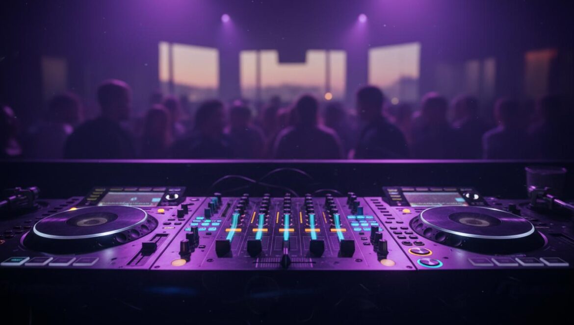 Console de DJ illuminée dans un club sombre, ambiance électro naissante en fin d'après-midi.