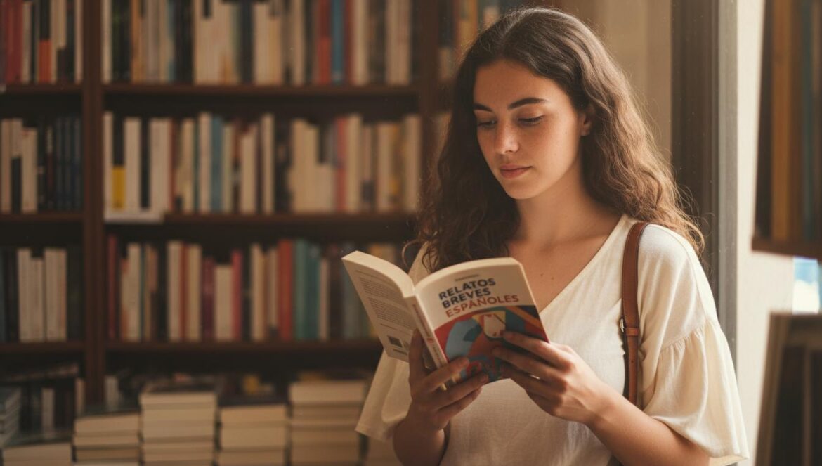 Voyageuse feuilletant un recueil de nouvelles en espagnol dans une petite librairie chaleureuse.
