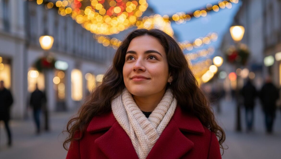 Mujer joven con abrigo y bufanda contempla las luces navideñas en una calle peatonal andaluza.