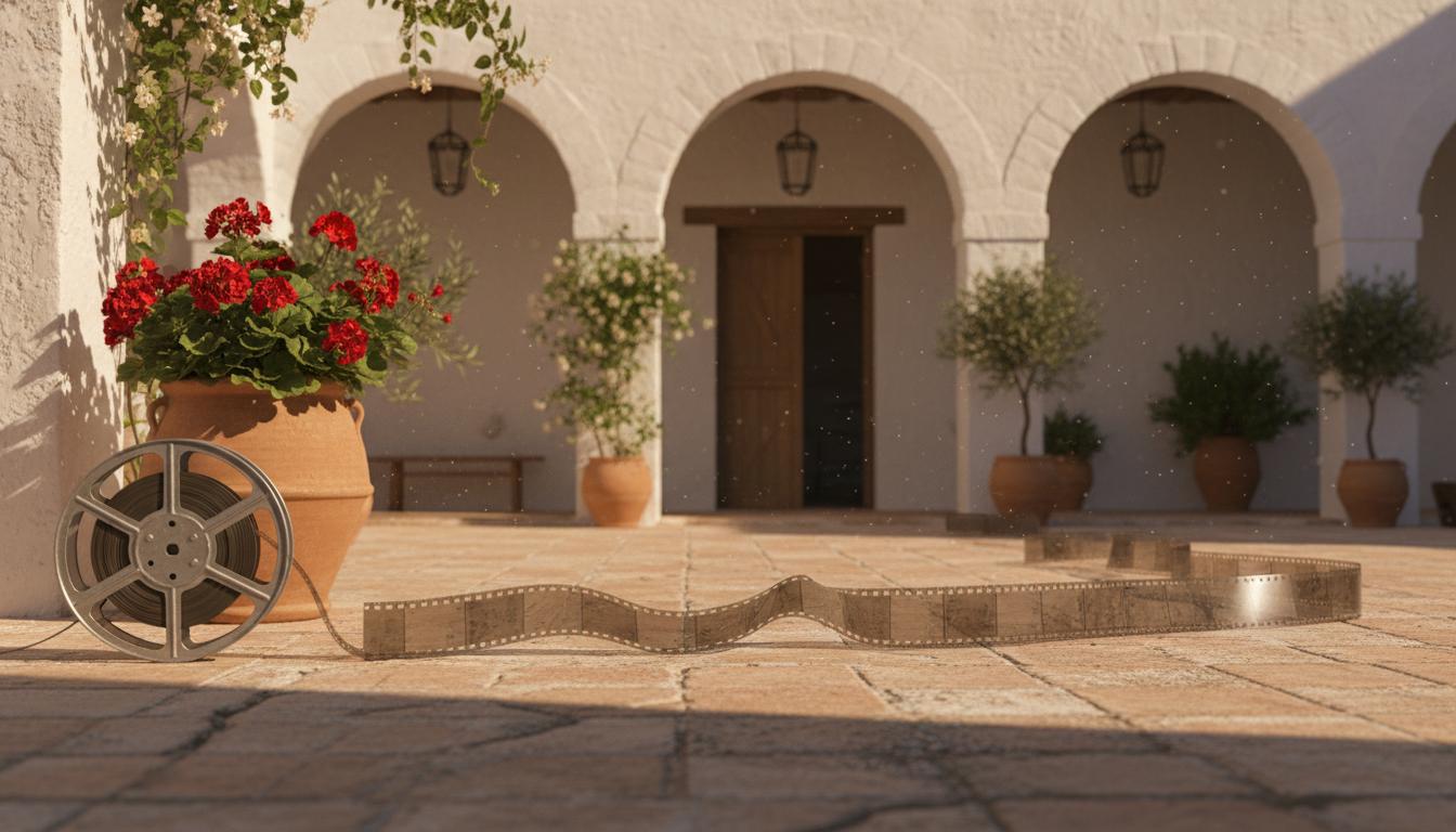 Bobine de film déroulant sur un patio andalou ensoleillé aux arches blanchies et géraniums en pots.