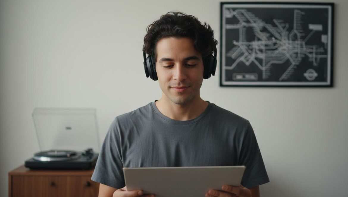 Hombre joven escucha un vinilo con auriculares junto a un tocadiscos y una ventana, evocando la escena musical de Córdoba.