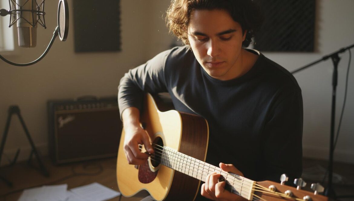 Cantautor joven tocando una guitarra acústica en un pequeño local de ensayo, con luz cálida y amplificadores desenfocados al fondo.