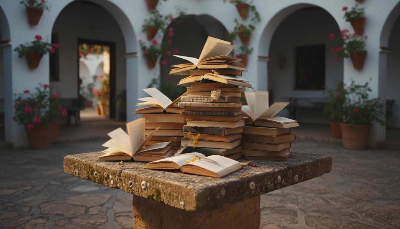 Pile de livres ouverts sur une table en pierre dans un patio andalou ensoleillé, avec murs blancs et pots de fleurs.
