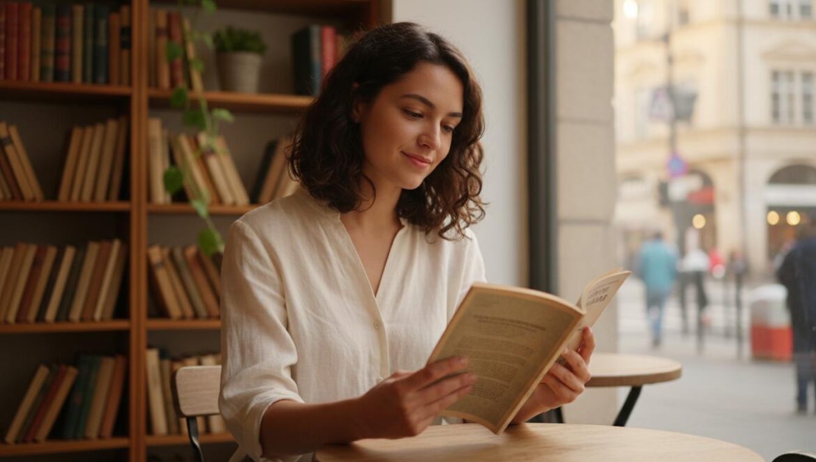 Mujer joven leyendo una antigua revista literaria en una cafetería luminosa de estilo andaluz.