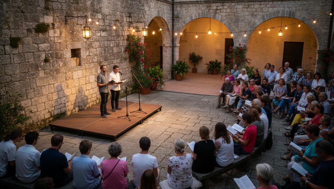 Public captivé par une lecture poétique dans une cour historique andalouse au crépuscule.