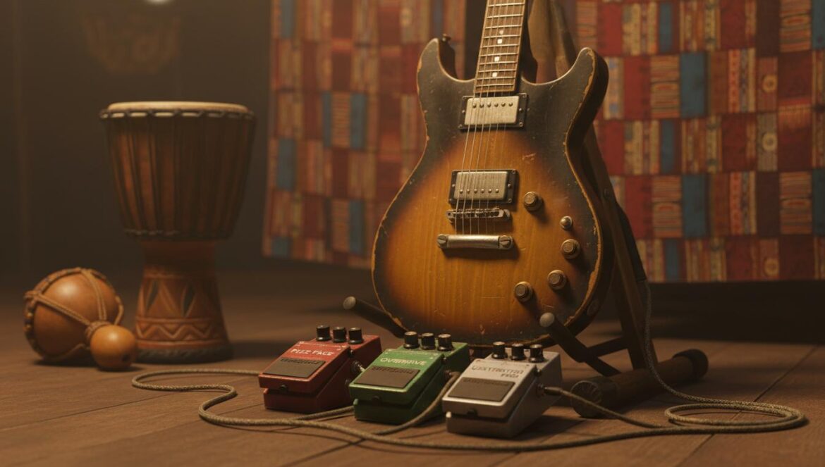 Guitare électrique et pédales distorsion dans un studio intime, évoquant le folk tribal de Cordoue.
