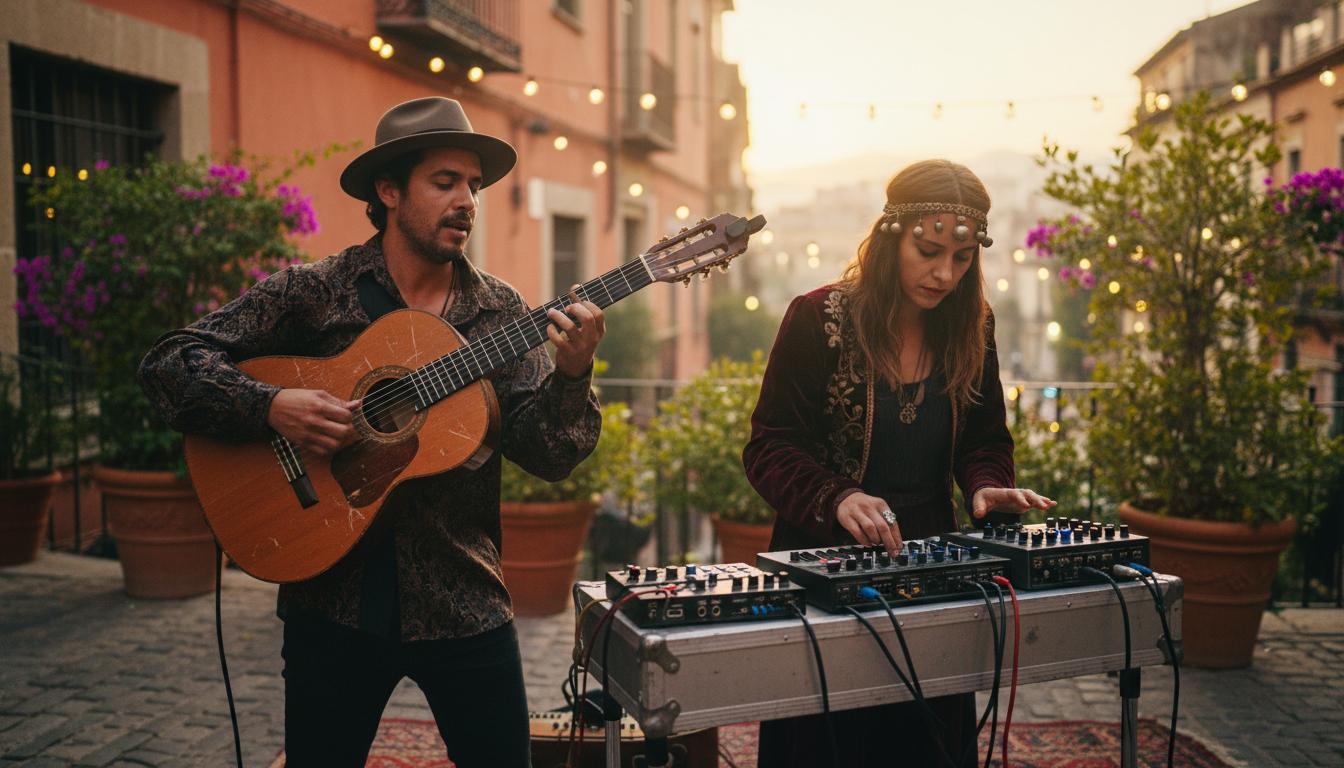 Musiciens de rue mêlant flamenco et électro au crépuscule dans une ruelle andalouse animée.