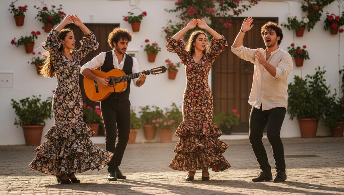 Quatre jeunes interprétant un flamenco fusionné sur une rue historique ensoleillée de Córdoba.