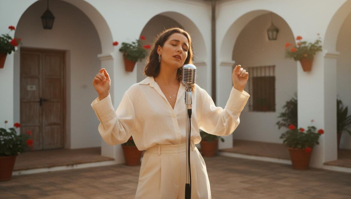 Jeune femme chantant avec passion dans un patio andalou ensoleillé, capturant l'essence de Fragilidad.