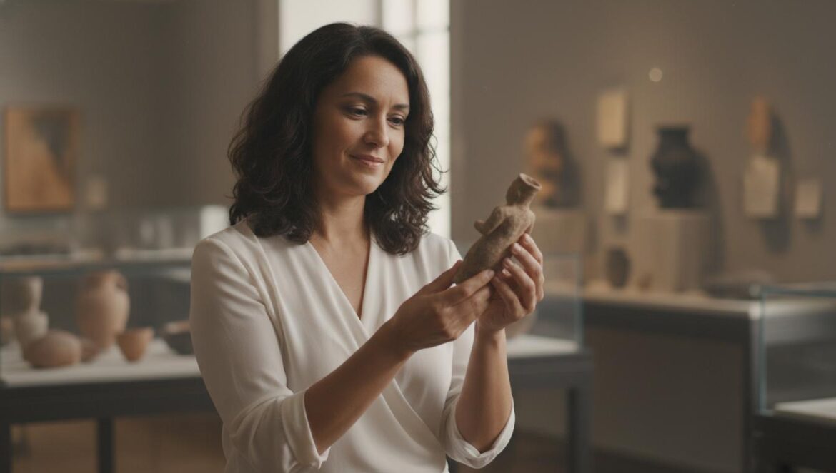 Mujer de mediana edad observando una figurilla egipcia antigua en la sala de exposición de Córdoba