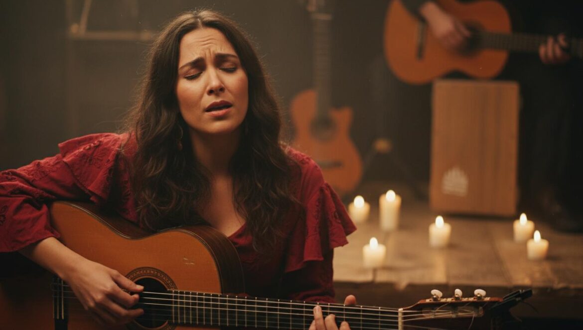Chanteuse flamenca interprétant une ballade émouvante à la guitare sous un éclairage chaleureux.