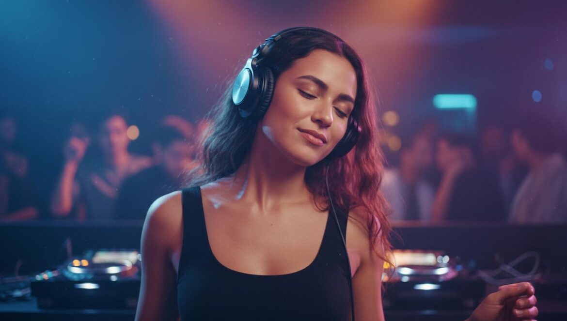Joven disfrutando de música electrónica con auriculares en un bar iluminado con luces de colores.
