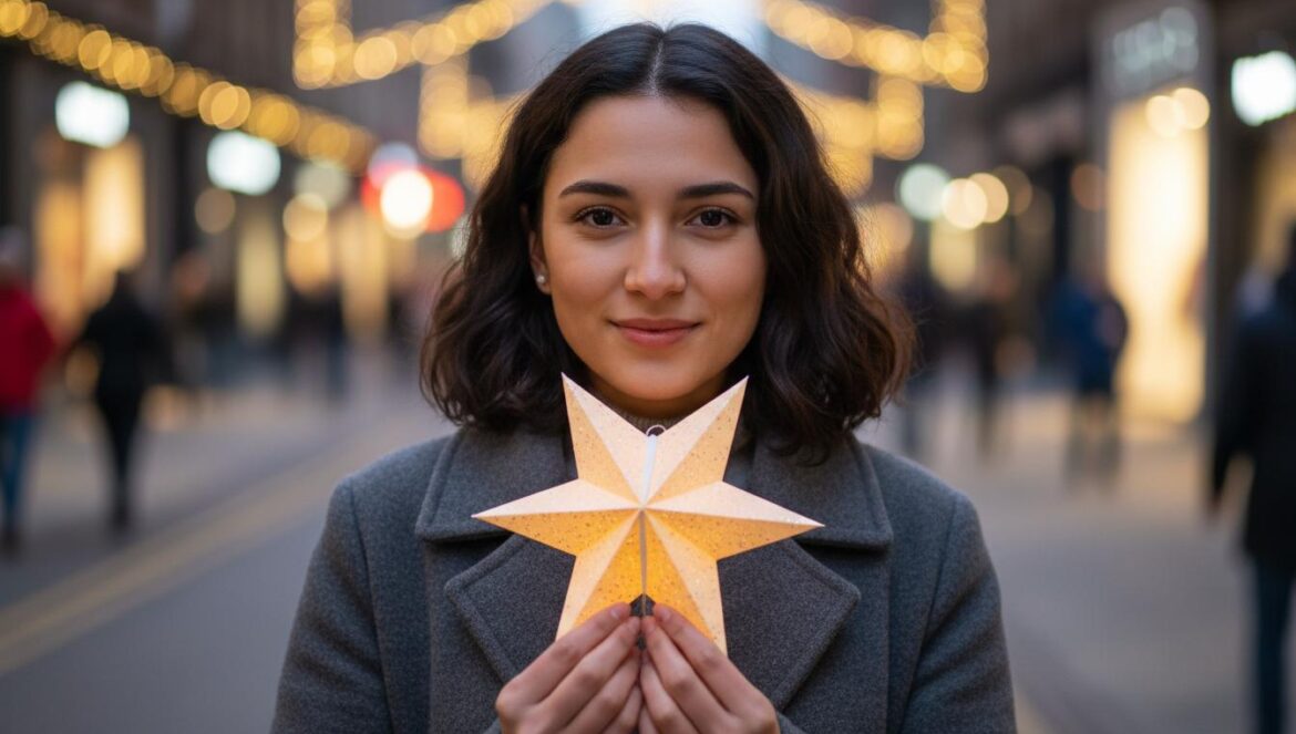 Mujer joven observando una estrella de papel iluminada, con luces de Navidad desenfocadas al fondo en una calle.