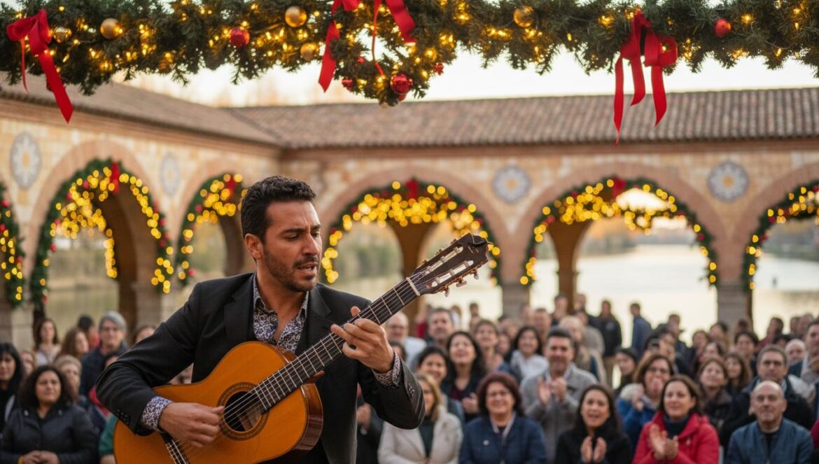 Spectacle flamenco navideño animé sous les lumières de Noël dans un lieu historique de Cordoue.