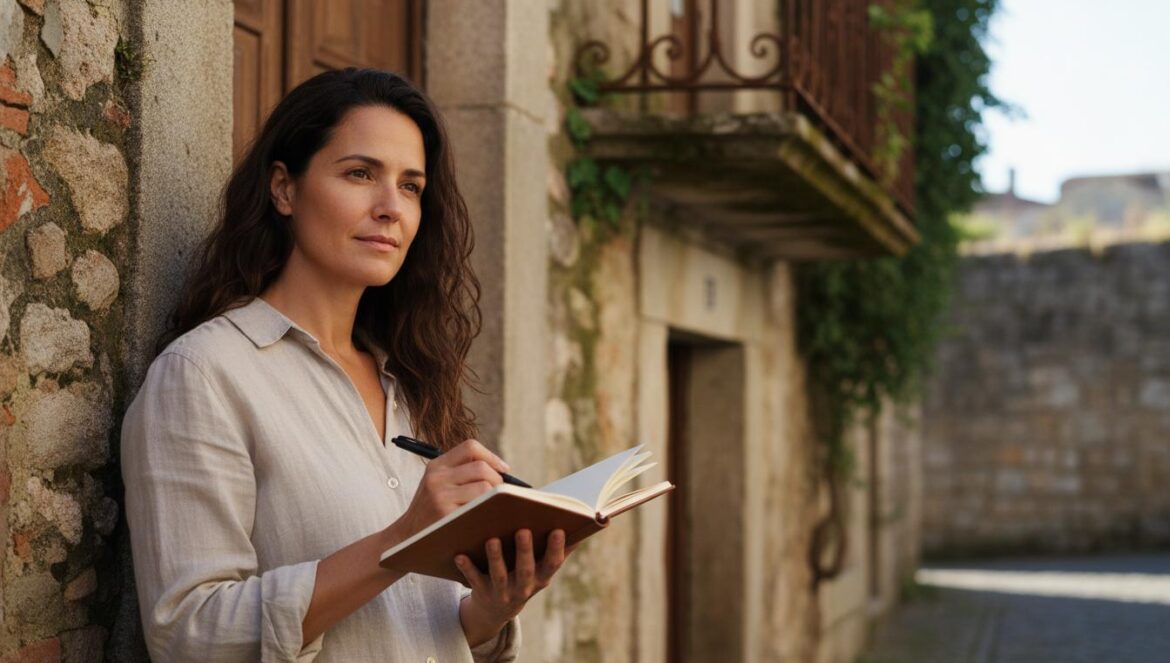 Mujer joven toma notas mientras observa la fachada envejecida de un antiguo palacio en una calle soleada.