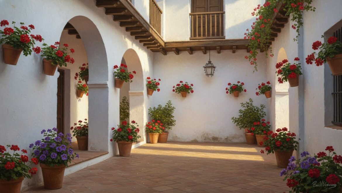 Patio cordouan peint avec lumière douce et arches blanches, style serein de Rafael Botí.