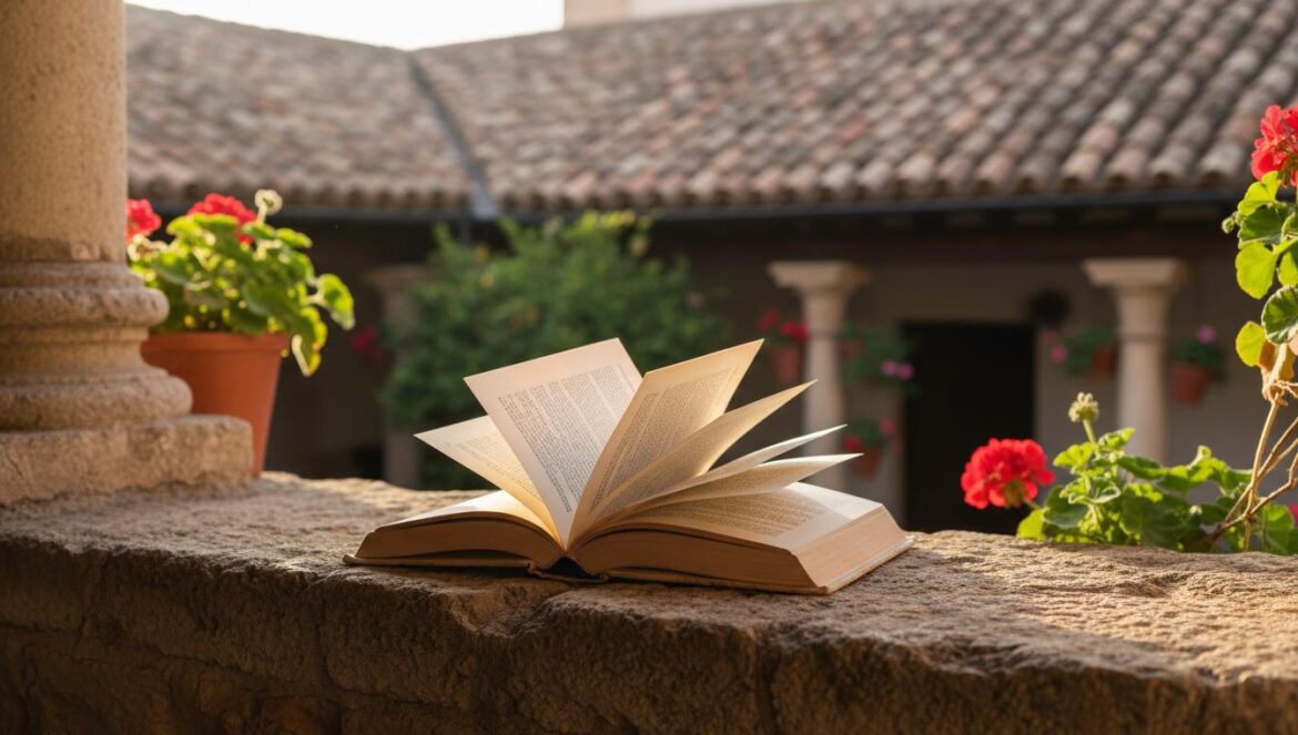 Livre de poésie ouvert sur un muret dans un patio andalou, lumière dorée de l'après-midi.
