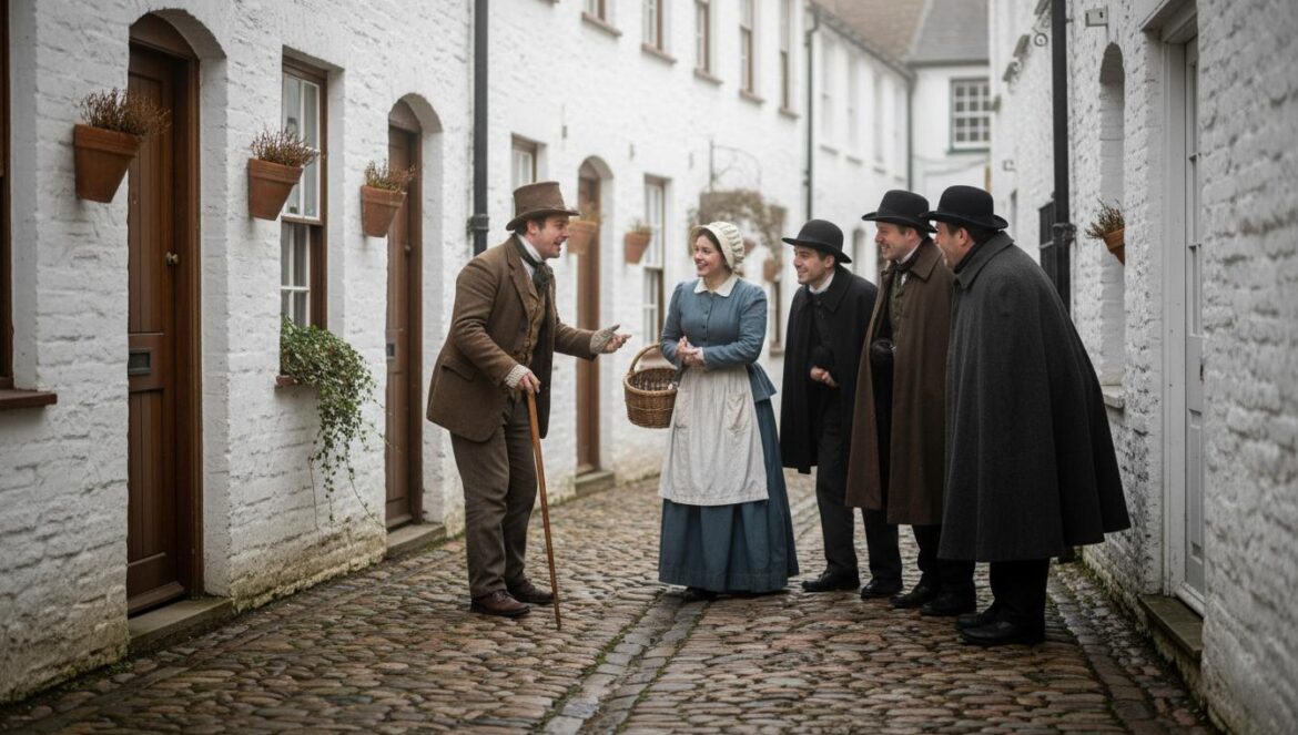 Acteurs en costumes du XIXe siècle jouant dans une ruelle pavée du vieux quartier, public suivant l'action immersive.