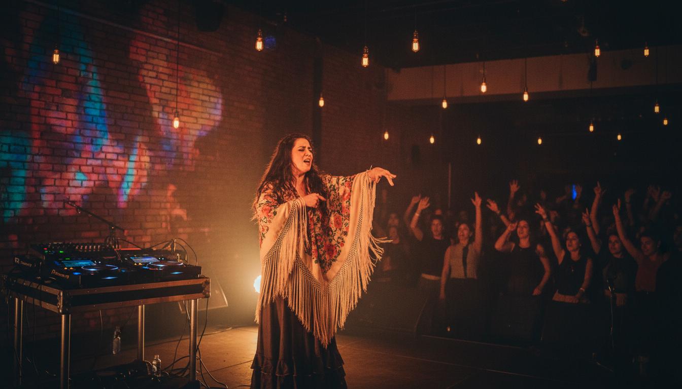 Scène de concert animée avec chanteuse flamenco et setup électro sous lumières chaudes à Cordoue.