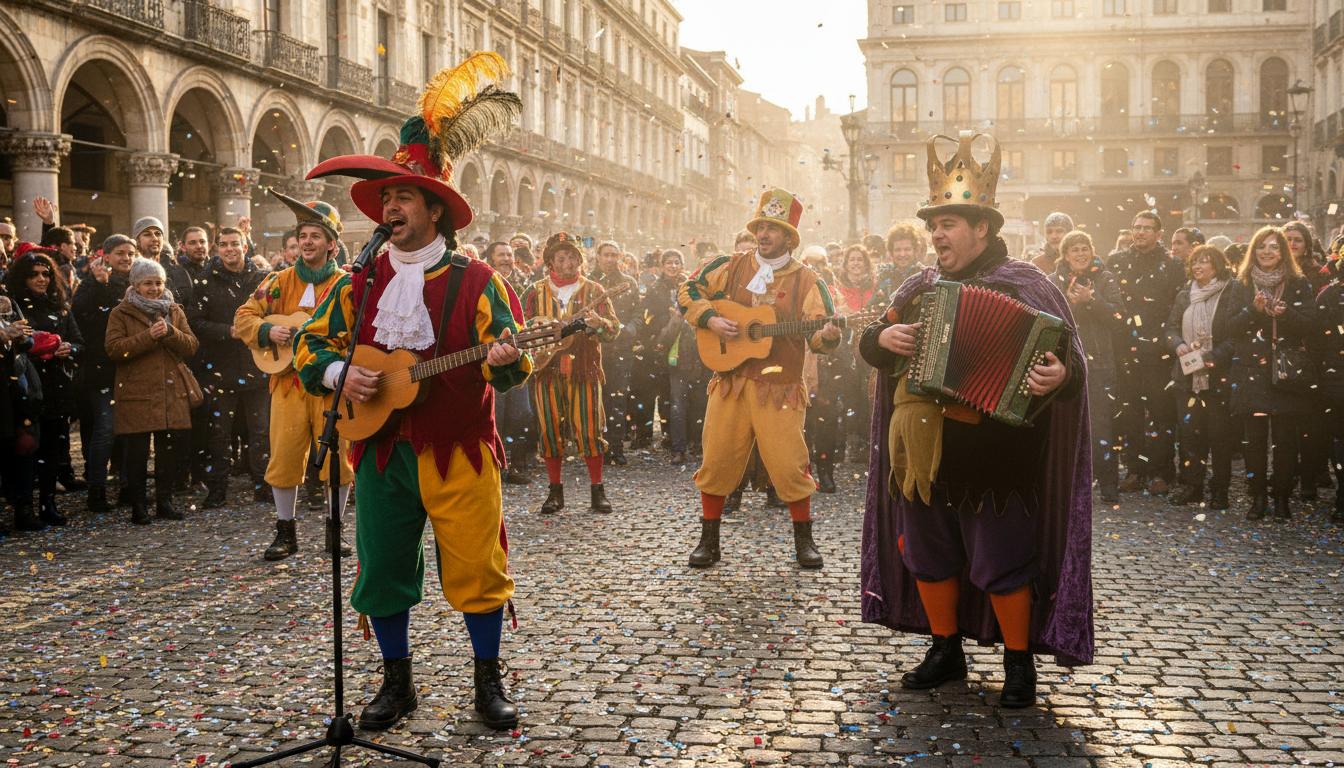 Carnaval de Cordoue 2026 : de la magie des Rois à la folie des rues Artistes de carnaval en costumes colorés chantant dans une place animée de Cordoue, sous un soleil d'hiver.