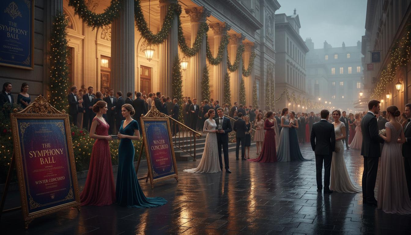 Entrée illuminée du Gran Teatro de Cordoue un soir de fin d'année, avec foule élégante et reflets de pluie sur les pavés.