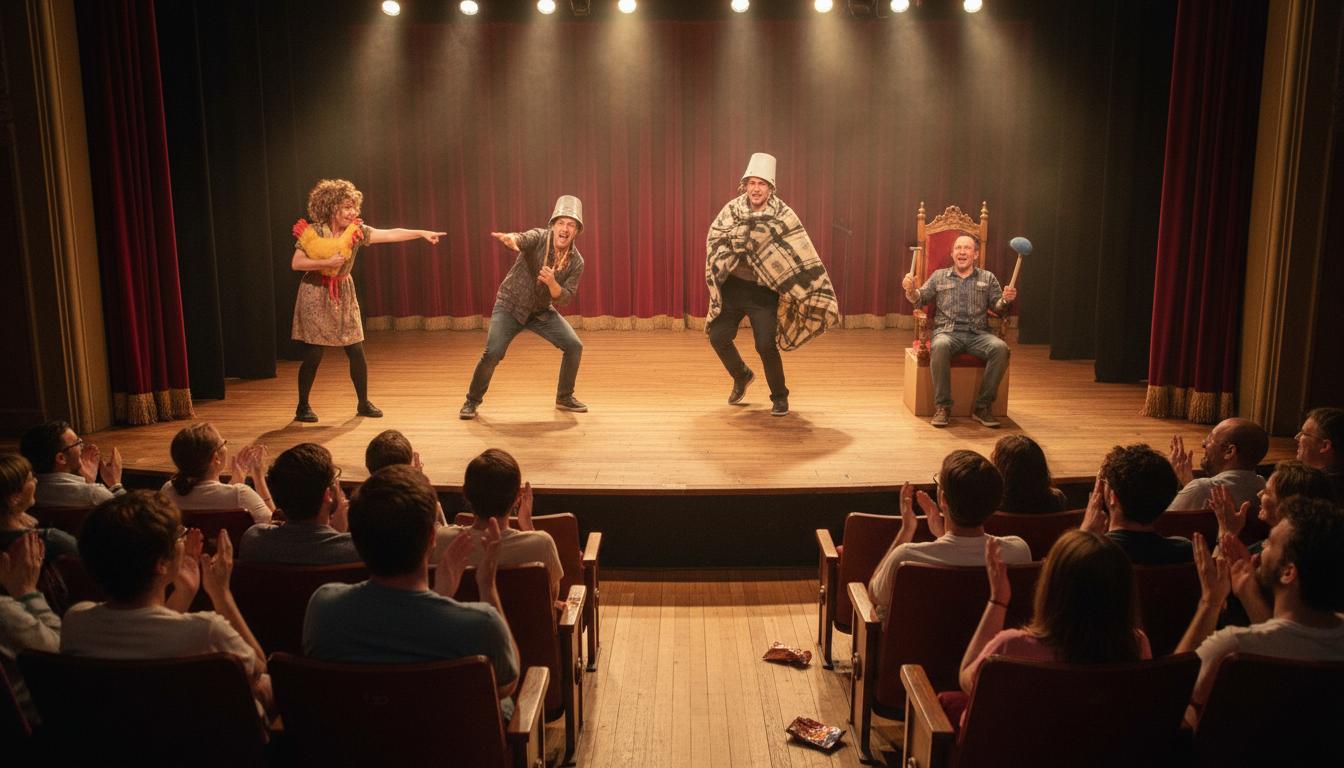 Comédiens de Corta el Cable Rojo en pleine improvisation hilarante sur la scène du théâtre, public hilare en fond.