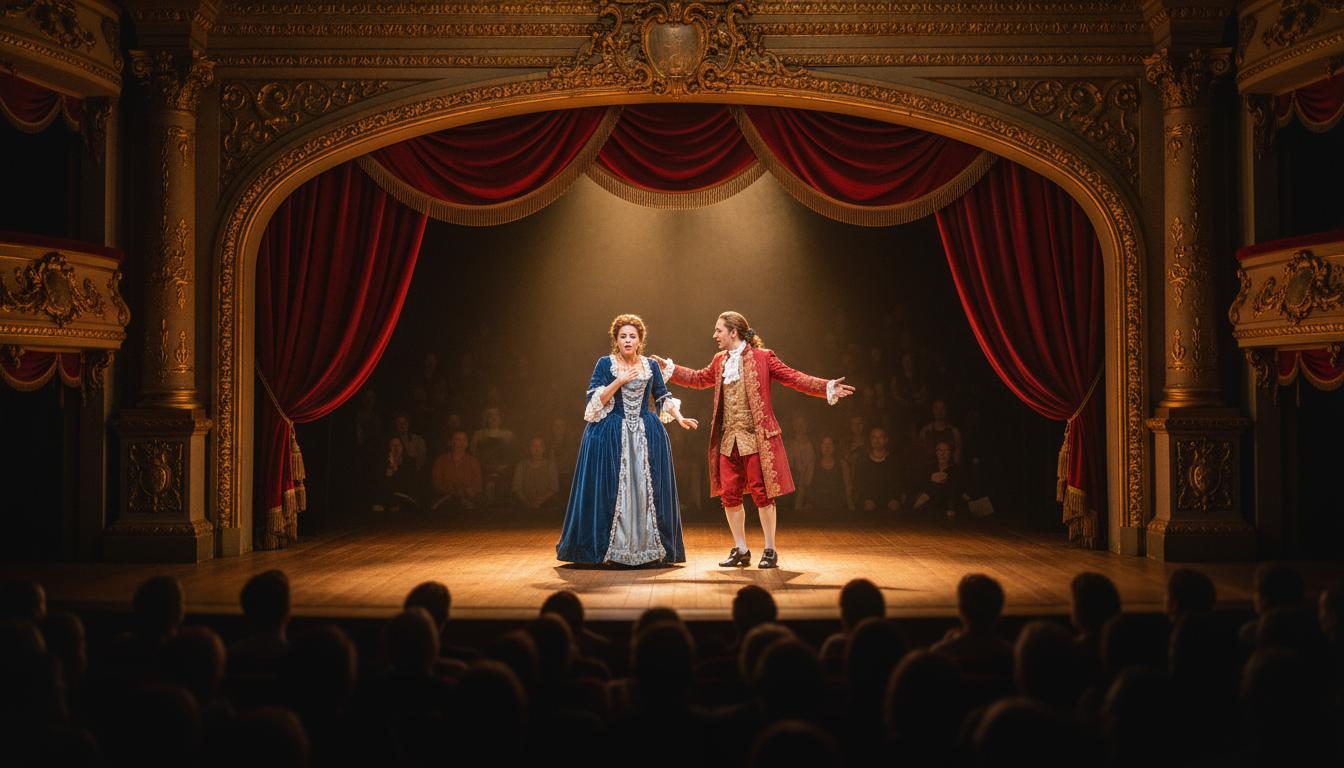 Scène de théâtre animée avec acteurs en costumes d’époque sous projecteurs chaleureux à Córdoba