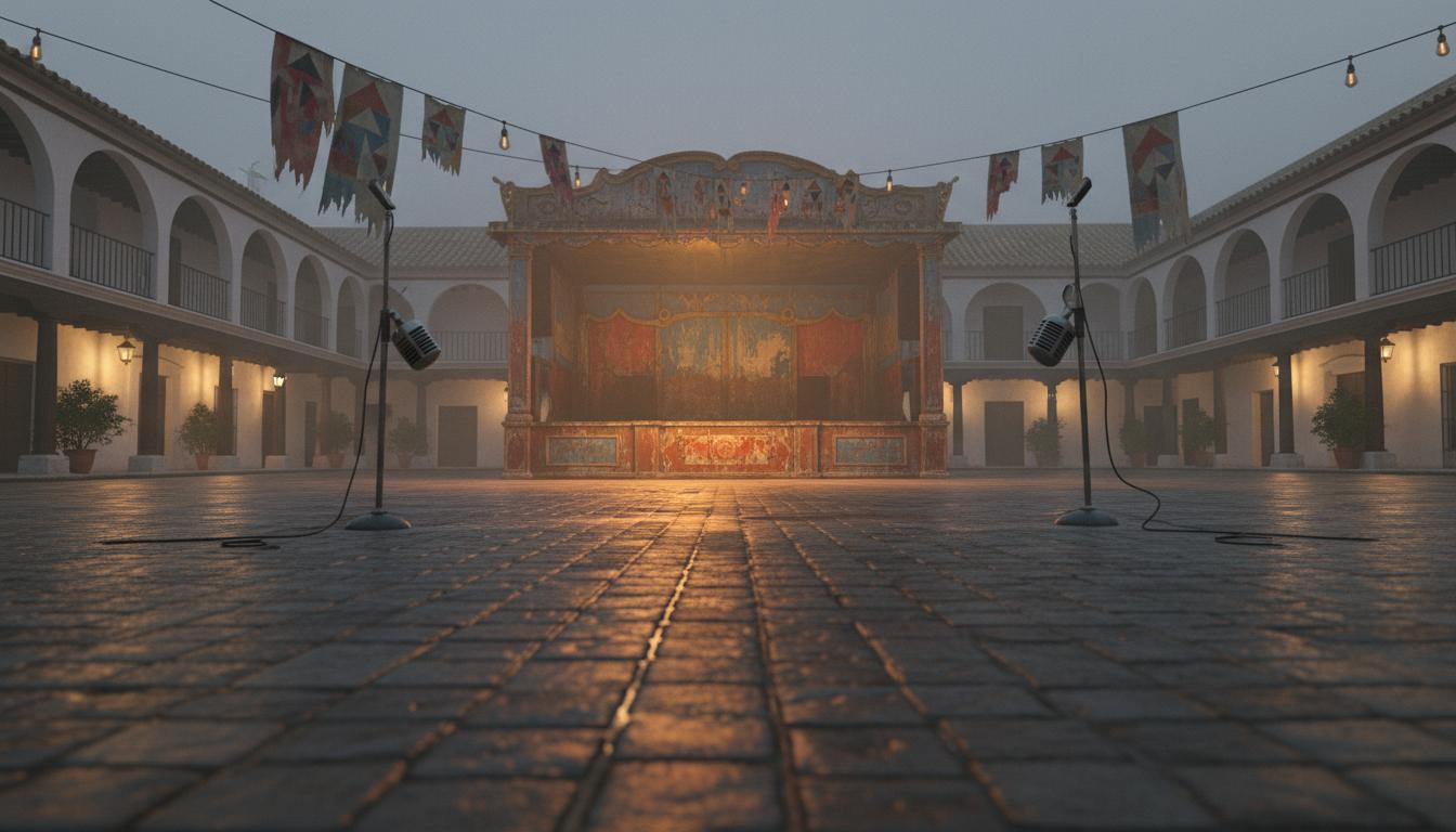 Place historique andalouse vide au crépuscule, estrade de carnaval abandonnée sous une ambiance brumeuse.