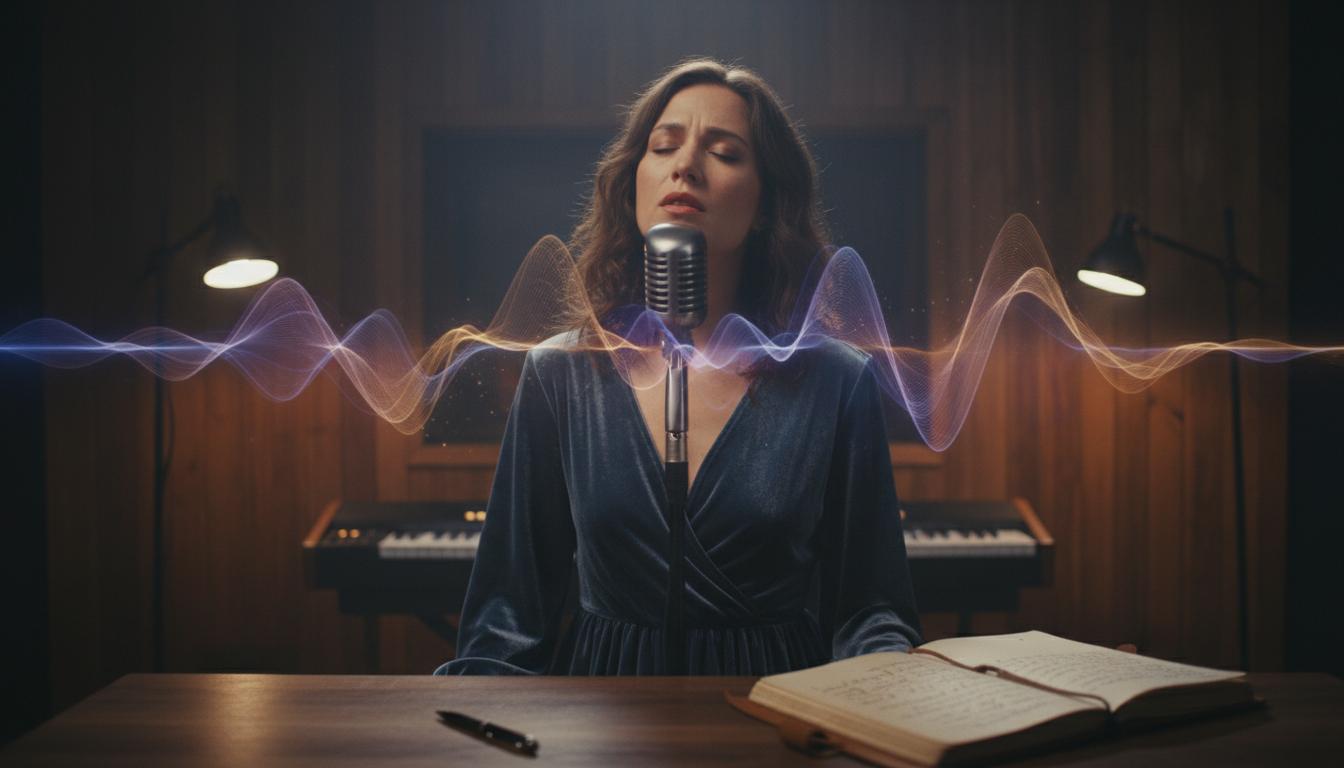 Chanteuse indie aux synthétiseurs éthérés dans un studio intime et mélancolique.