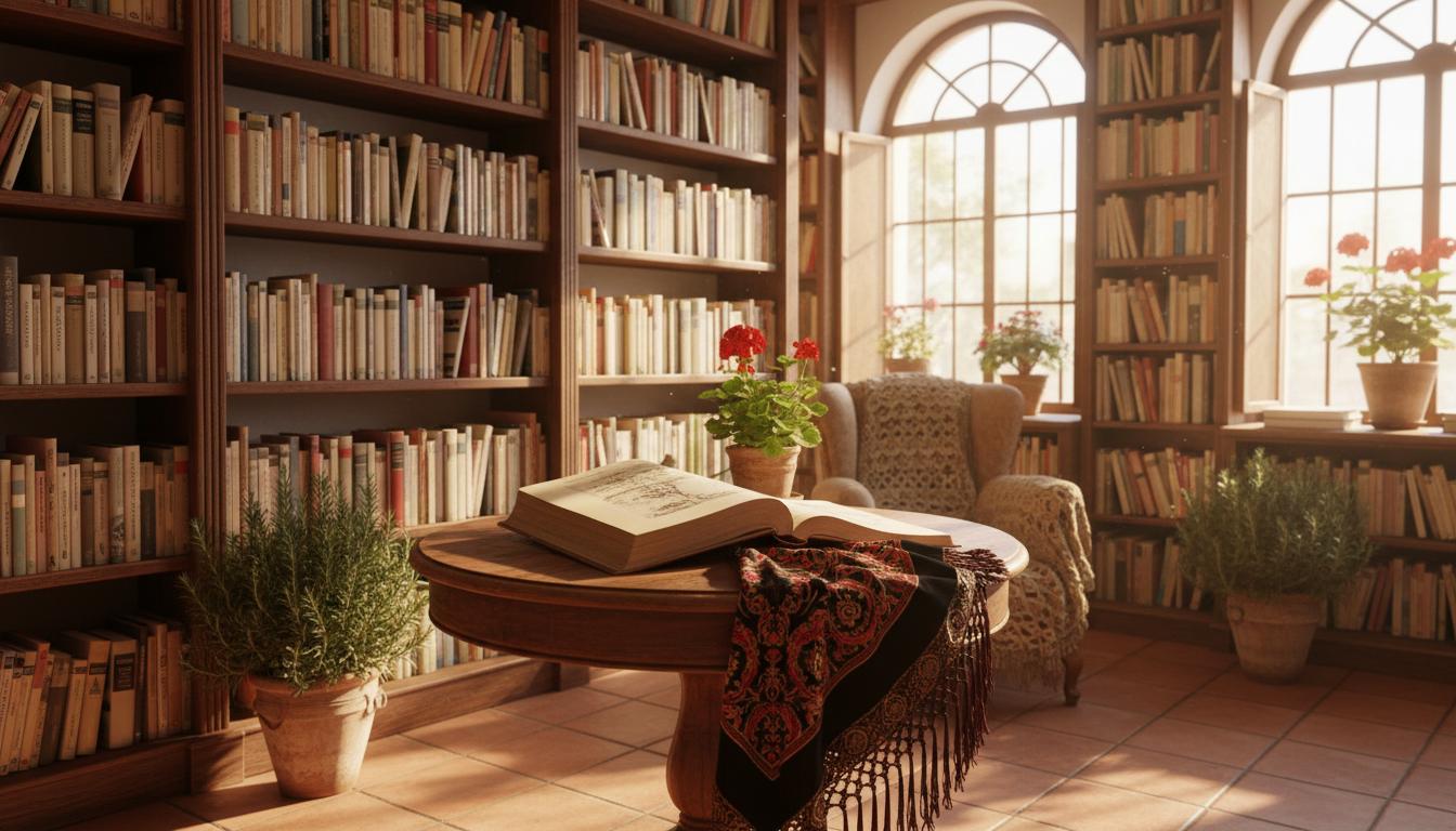 Intérieur chaleureux de la Librería Romántica avec livres de poésie, roman victorien et châle flamenco.
