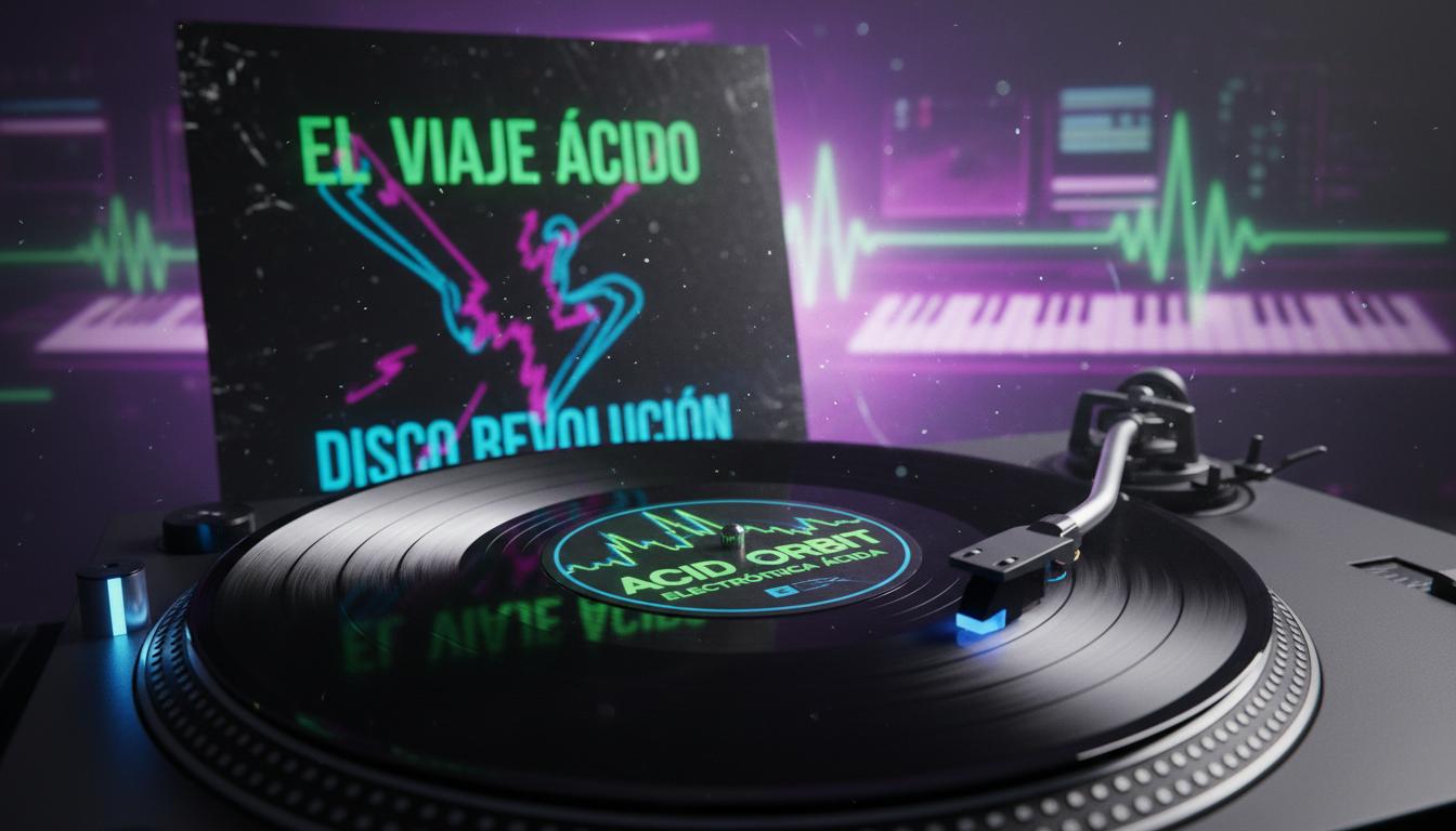 Vinyle d'un hymne acid house tournoyant sur platine, éclairage tamisé de club avec néons.