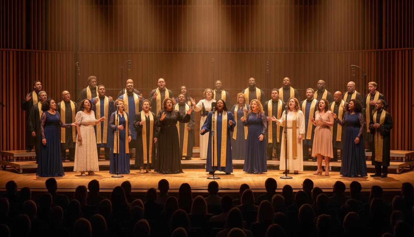 Chœur gospel chantant avec passion sur scène dans une salle de concert moderne, lumières chaleureuses.