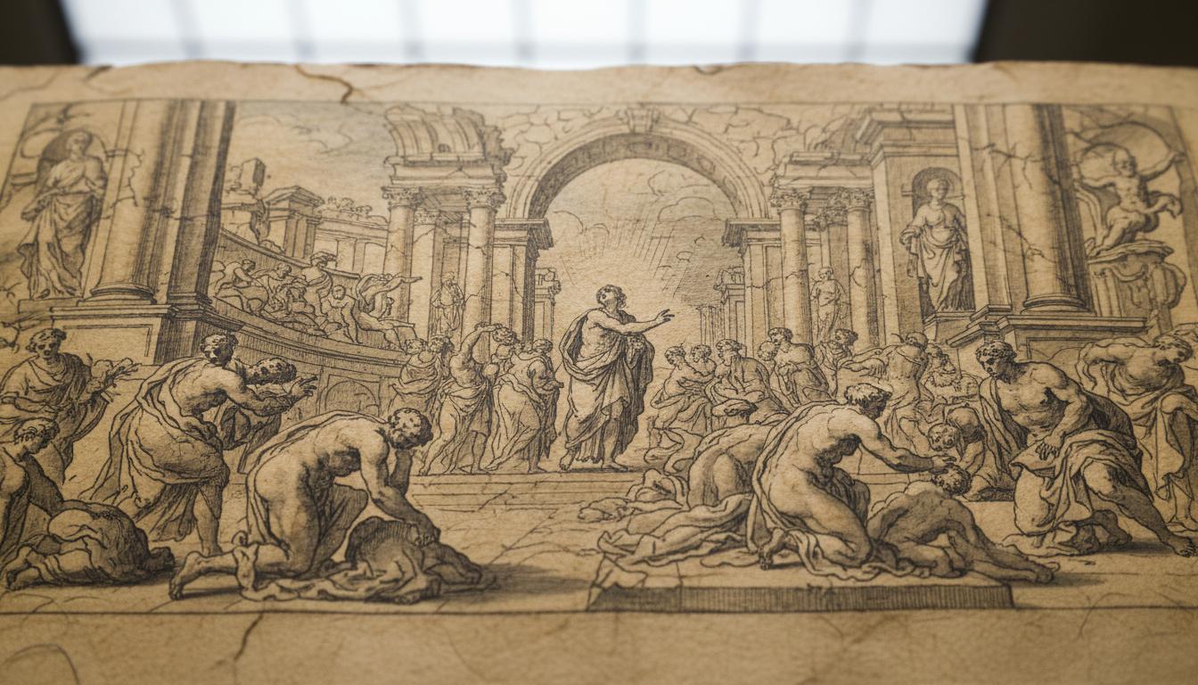 Dessin biblique détaillé de Lucas Valdés sur papier ancien, avec figures théâtrales et architecture baroque, éclairage doux de musée.