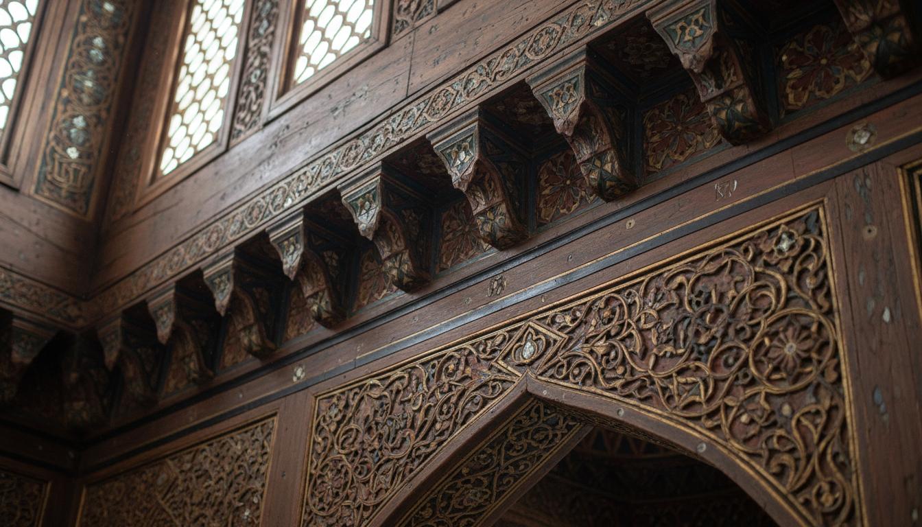 Poutres en bois sculptées et peintes de la Mezquita, avec motifs géométriques détaillés sous un éclairage doux