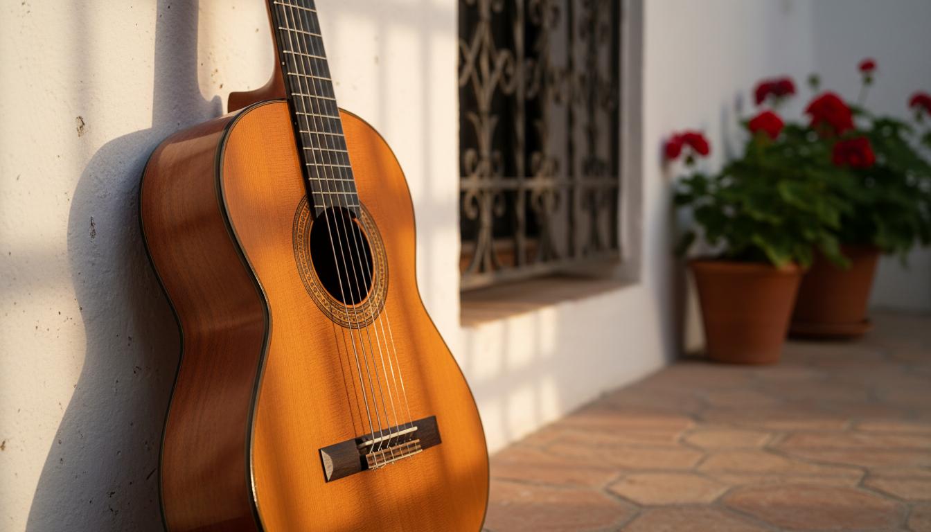 Guitare flamenco adossée à un mur blanchis dans un patio andalou au coucher du soleil.