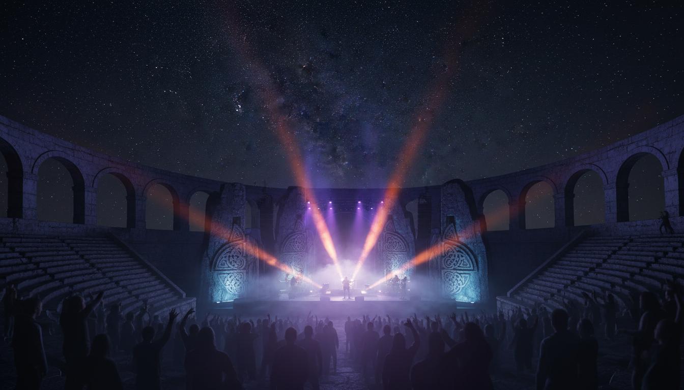Scène de concert rock dans un théâtre antique en pierre sous les étoiles, lumières vives et ambiance mystique.